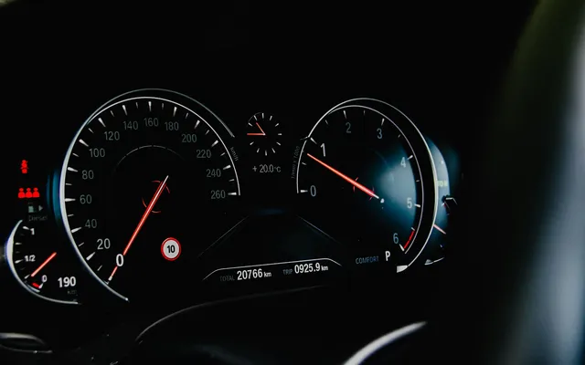 BMW instrument cluster with the mileage in kilometres