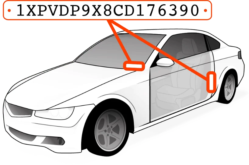 Car with arrows to the VIN: the corner of the windscreen and the driver's door pillar