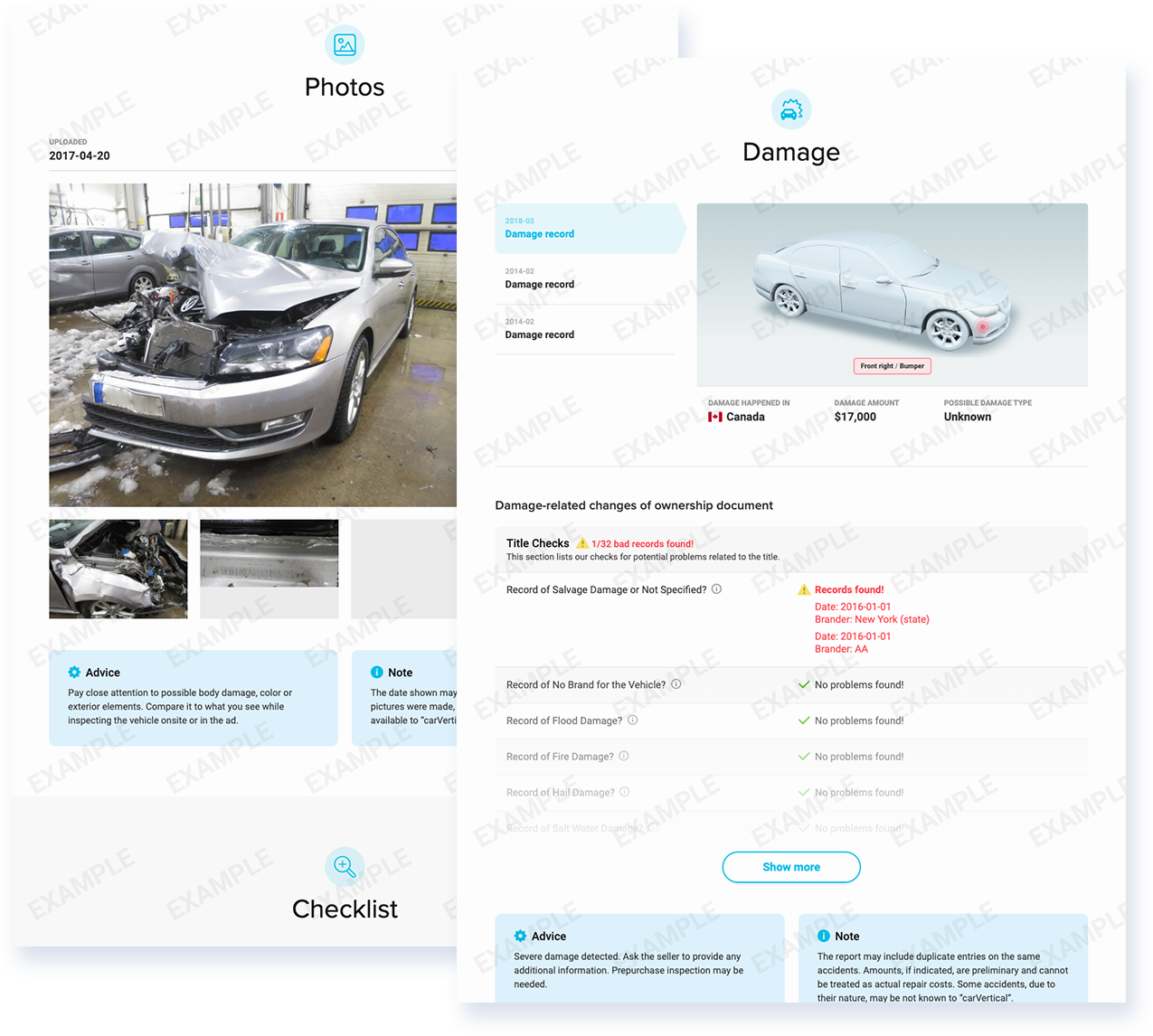English carVertical sample report: photos and damage records
